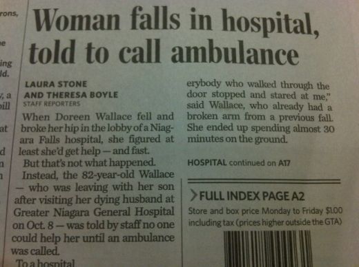 Woman falls in hospital, told to call ambulance - newspaper